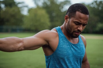 Man in blue athletic tank top stretches his arm and massages sore shoulder muscles after injury during outdoor fitness activity in park setting.