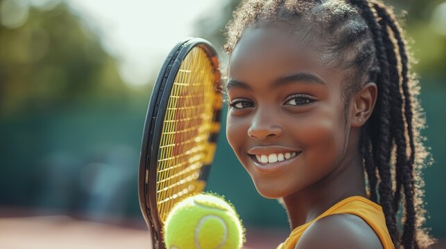 Portrait of a Smiling African American Girl Holding Tennis Racket and Ball on Court, Youth Sports and Healthy Lifestyle