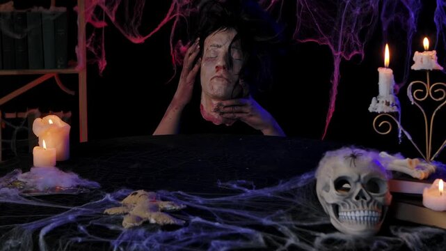 Scary zombie hands hold a severed dead head