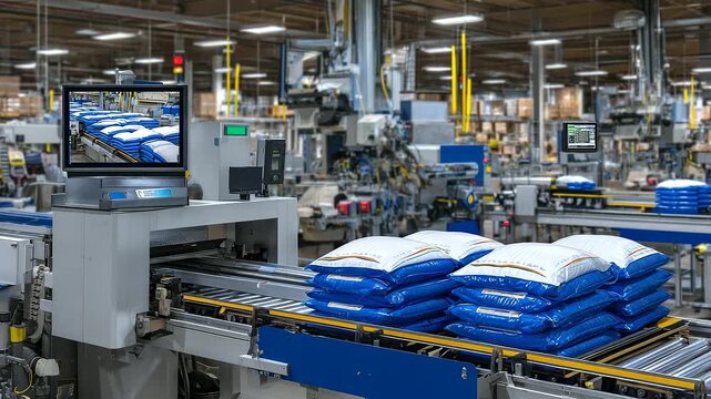 Bright interior with multiple automated packaging lines filling bags with processed flour, color-coded machines and vibrant labels creating visually appealing scene