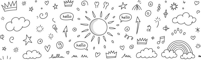 Hand drawn doodle artwork, whimsical sun illustration, playful sketch icons, creative design pack, flat vector illustration, black and white elements
