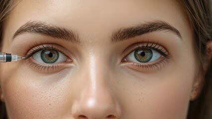 Obraz premium Close-up of a young woman receiving an eye treatment at a doctor's office with a syringe near her eyes highlighting eye care and cosmetic procedures.