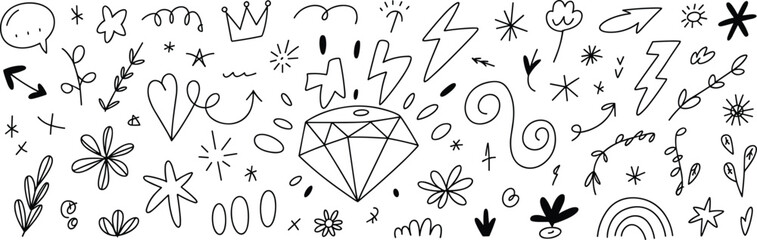 Hand drawn doodle sketches, diamond centerpiece design, playful abstract symbols, creative decoration pack, flat vector illustration, black and white artwork