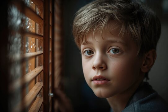 Young boy gazing out of a window with wooden blinds partially open, observing rainfall with a contemplative expression, medium shot. - Powered by Adobe