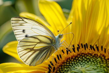 Delicate white butterfly rests on a vibrant yellow sunflower petal, bathed in warm sunlight.