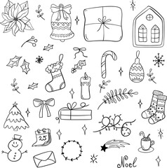 Merry Christmas and happy New Year festive vector collection. Different hand drawn doodle elements, Christmas tree, fireplace, cozy sweater, Winter holidays attributes.