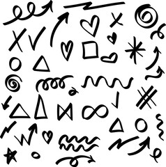 Sketch underline, emphasis, arrow shape set. Hand drawn brush stroke, highlight, underline, sparkle element. Vector illustration