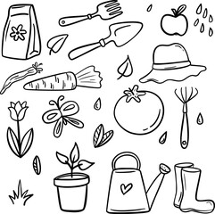 Spring doodle collection: nature and gardening elements in black and white