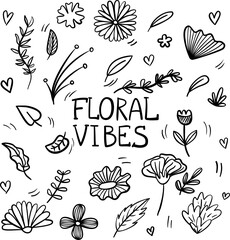 vector botanical collection of floral and herbal elements. isolated vector plants, branches and flowers in ink sketch design. hand drawn botanical doodle set for cards, invitations, logo, diy projects