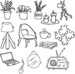 A set of elements is a cozy house. Interior items, dishes. Bed, armchair, furniture, plants. Vector black and white elements drawn by hand. Logo, doodle, sketch, clipart, template, design