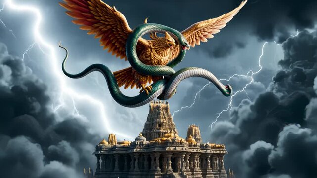 Garuda Fighting a Naga Serpent Above a Hindu Temple During a Thunderstorm