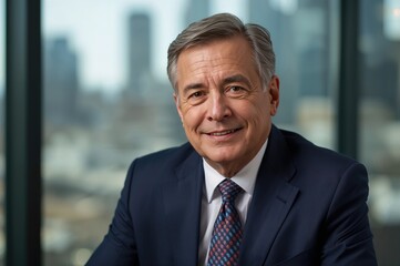 Fototapeta premium Mature businessman smiling confidently in modern office setting with cityscape background demonstrating professionalism and success in career