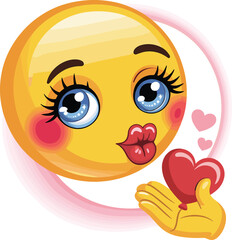 Romantic emoji blowing kiss, expressive cartoon face with heart gesture, sparkling blue eyes, flat vector illustration, love emoticon, affectionate artwork