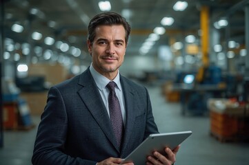 Fototapeta premium Mature Businessman Holding Tablet In Industrial Factory Setting With Equipment And Workstations In Background, Professional Attire, Confident Expression