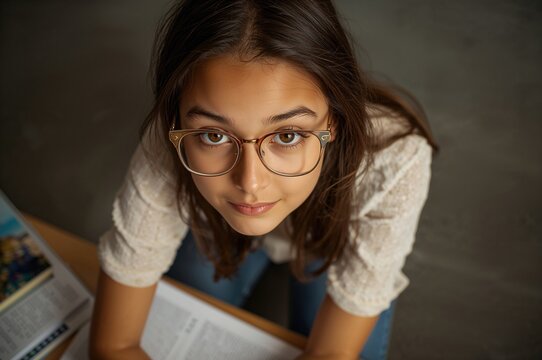 Teenage girl with glasses studying at a desk surrounded by open books and newspapers focused on learning new information in a casual setting