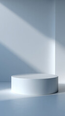 White background minimalist exhibition stand in empty room, round thin display platform with studio lighting, clean product photography setup with light shadow effects, 3D rendered scene
