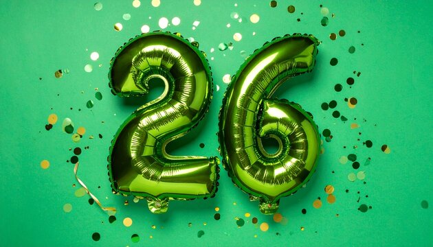 Green balloon number 26 with confetti on solid colored background. Photo for anniversary or birthday party
