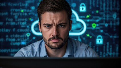Entrepreneur analyzing cloud technology security on digital display focused on financial data protection with cybersecurity icons and graphic elements