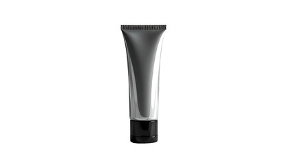 Sleek silver cosmetic tube with black cap isolated on white.