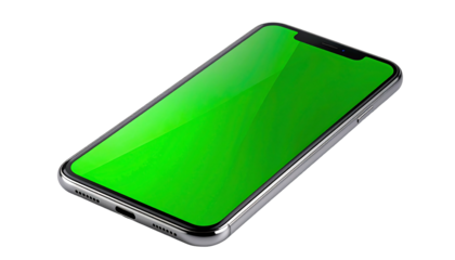 Smartphone with green screen isolated on white background.