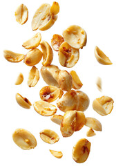 A dynamic cascade of roasted peanuts falling mid-air isolated on a transparent background.