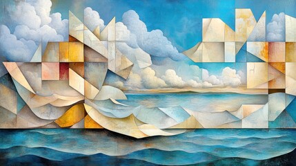 Cubist ocean with sharp, angular waves crashing against a fragmented shore, surreal clouds floating above in disjointed forms.