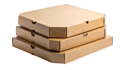 Stack of three cardboard pizza boxes on a white background.