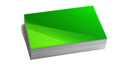 Stack of vibrant green business cards on a clean white background.