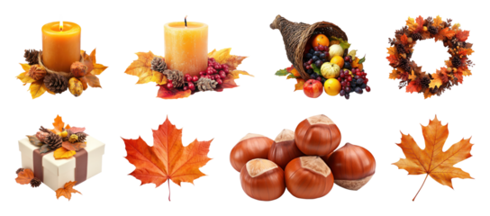 PNG Autumn-themed decorations and symbols, element set on transparent background