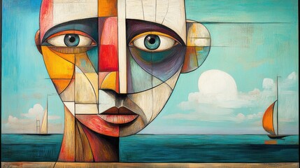 Cubist portrait showing a fragmented man, eyes and lips separated from his face, within a surreal backdrop of shifting and distorted shapes.