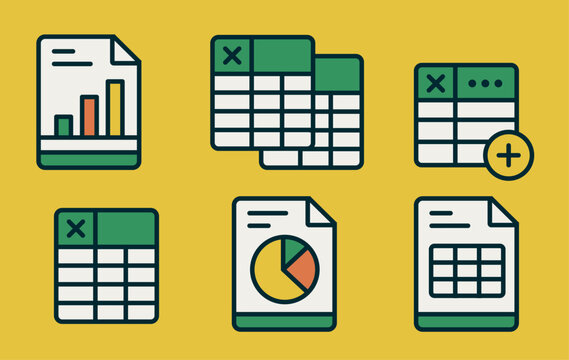 Spreadsheet icon flat illustration. Financial accounting report concept. office things for accounting planning, analysis, audit, project management, marketing, research vector set.