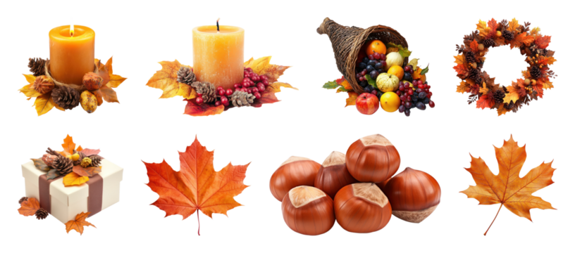 PNG Autumn-themed decorations and symbols, element set on transparent background