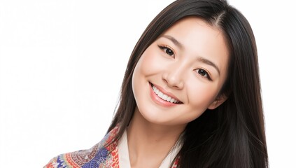 Portrait of smiling young woman with long dark hair wearing colorful patterned clothing against white background. Facial expression exudes friendliness and warmth.