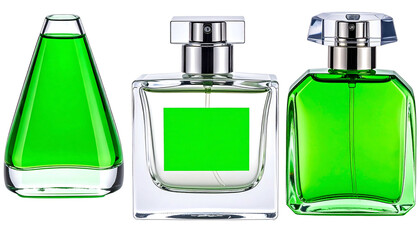 Three glass perfume bottles with green liquid elegant design.