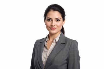 Professional young woman in formal gray suit with a light blouse smiling for a portrait isolated on white background for identity documents or corporate purposes
