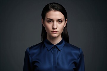 Portrait of serious young woman with dark hair wearing blue blouse against grey background, exhibiting a confident and intense expression.