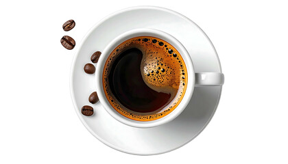 Top down view of a fresh cup of black coffee on a saucer.