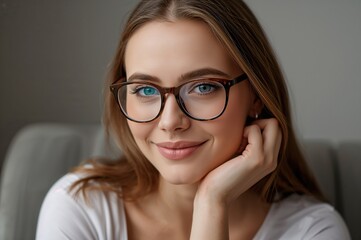 Fototapeta premium Young woman with long hair wearing stylish eyeglasses resting her chin on her hand, displaying a warm smile against a neutral background.