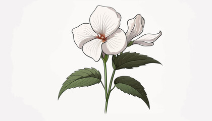 Obraz premium Illustration of a white flower with green leaves on a stem, isolated against a white background.