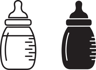 Vector art of baby bottle icon in black and white, depicting feeding equipment for infants, symbol of nourishment, care, and early childhood on