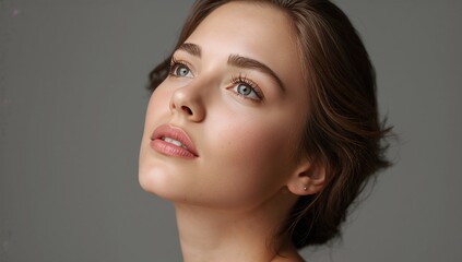 Fototapeta premium Young woman with natural makeup and soft features gazing upward against a neutral gray background highlighting her facial expression and elegance.
