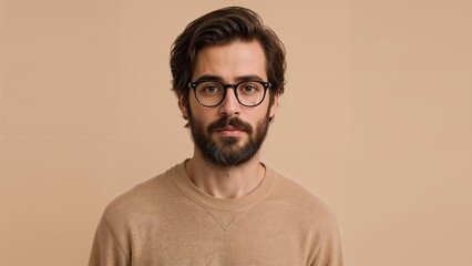 Obraz premium Bearded man wearing spectacles and a beige jumper looks directly at the camera with a curious expression against a neutral background portraying confidence and approachability.