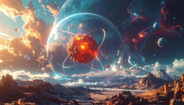 Fantastic depiction of atomic structure floating in a surreal landscape