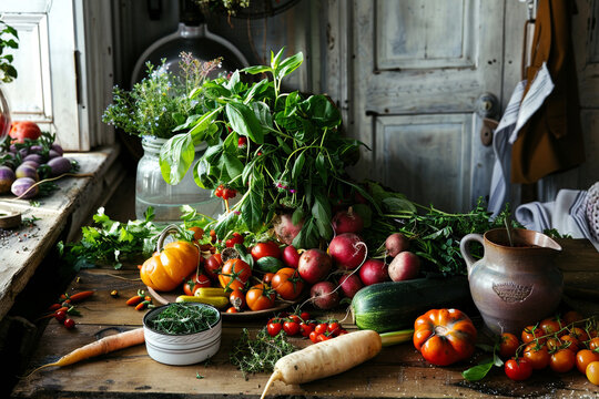 Abundant harvest of fresh, colorful vegetables and herbs displayed on a rustic wooden table, evoking a sense of natural abundance and healthy eating. - Powered by Adobe