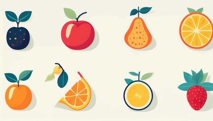 Illustration of eight stylized fruits including a berry, apple, pear, orange slice, tangerine, lemon slice, lemon, and strawberry.