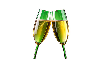 Two champagne glasses clinking together in celebration of an event.