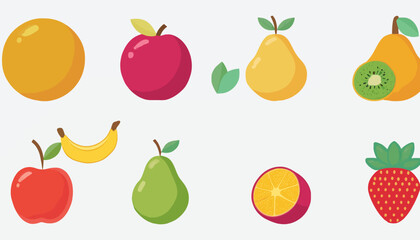 A vibrant collection of colorful, stylized fruit illustrations including apples, pears, bananas, oranges, kiwi, and strawberries, presented against a clean white background.