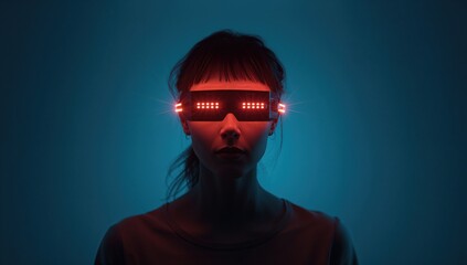female model wearing futuristic electronic glasses with bright LED lights against a blue neon backdrop representing advanced technology and virtual reality concepts