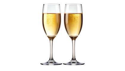 Two elegant champagne flutes filled with sparkling golden liquid ready for a celebration.