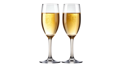 Two elegant champagne flutes filled with sparkling golden liquid ready for a celebration.